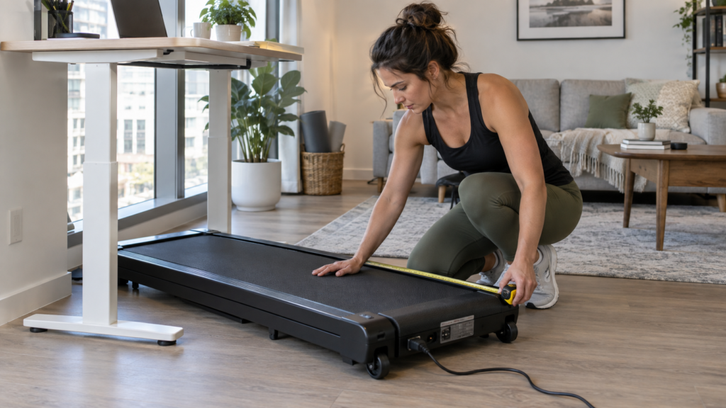  Woman measuring and checking a walking pad for safe small-space home use
