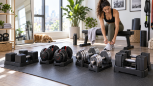 Best adjustable dumbbells for women arranged in a compact home gym with a woman preparing for strength training