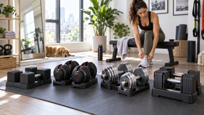 Best adjustable dumbbells for women arranged in a compact home gym with a woman preparing for strength training