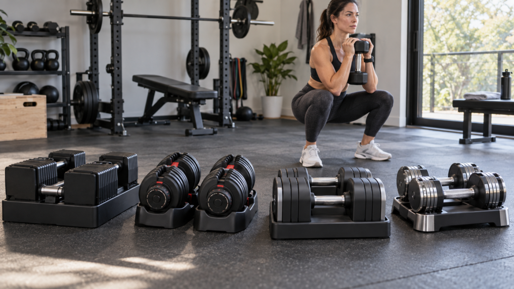  Woman strength training at home with several adjustable dumbbell styles displayed for comparison