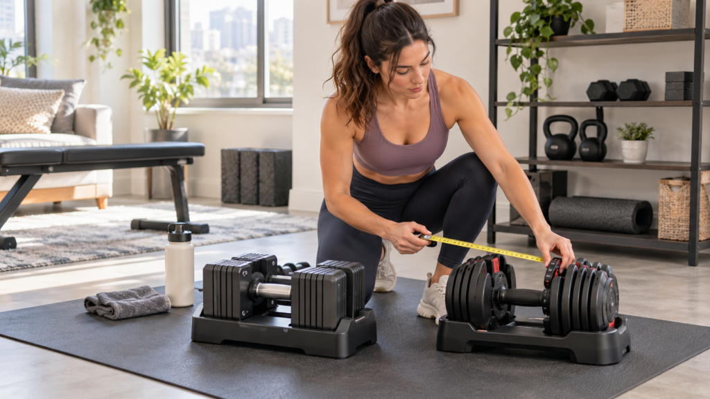 Woman checking adjustable dumbbell handle size locking mechanism weight selector and dimensions before a home workout

