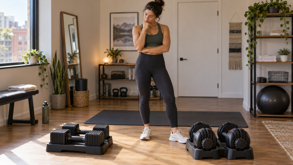 : Woman choosing between compact block style and dial adjustable dumbbells for a small home gym
