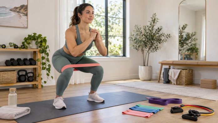 Woman doing a resistance band squat during a full body resistance band workout at home