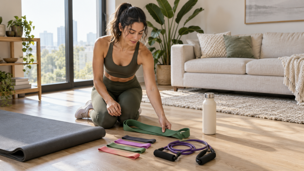  Resistance bands exercise mat and water bottle prepared for a home resistance band workout
