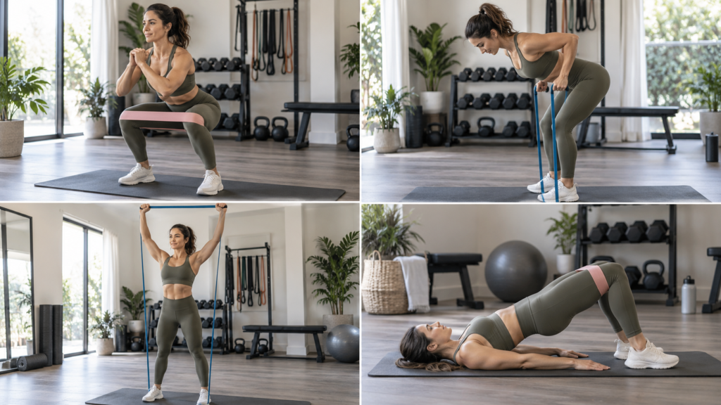 Woman performing squat row overhead press and glute bridge during a full body resistance band workout