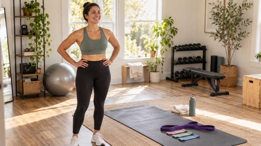 Woman finishing a full body resistance band workout at home with bands and exercise mat nearby
