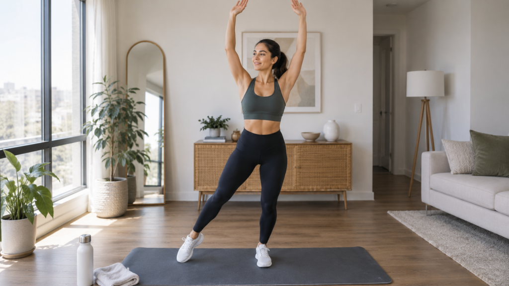 Woman performing a low impact step jack during a no jumping home workout
