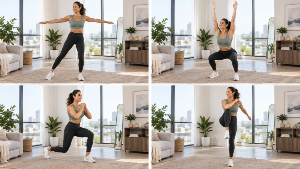Woman performing step jacks squats reverse lunges and knee drives in a low impact full body workout
