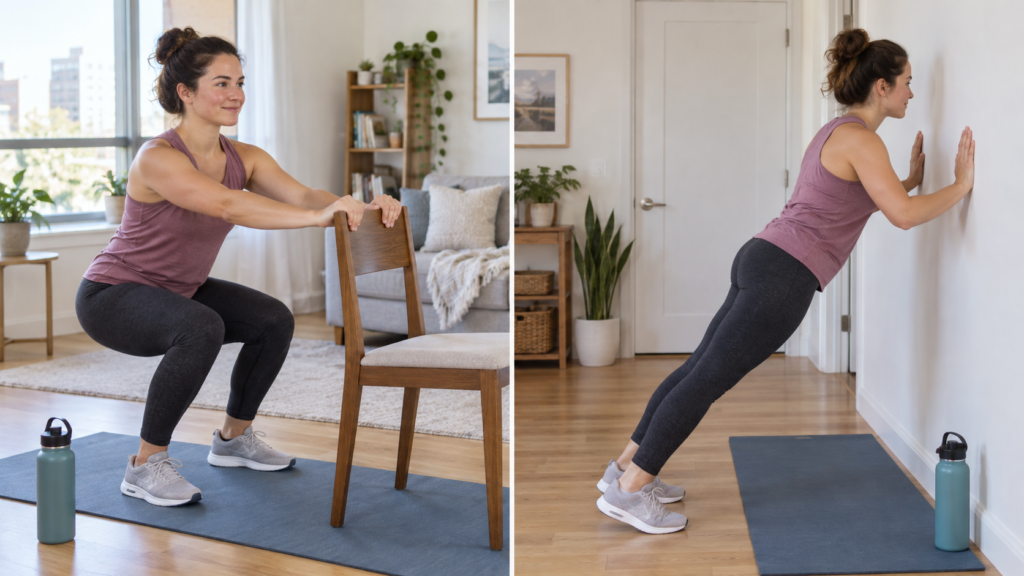 Woman modifying a low impact home workout with a chair squat and wall push up
