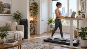 Woman using a compact walking pad under a standing desk in a small apartment home office