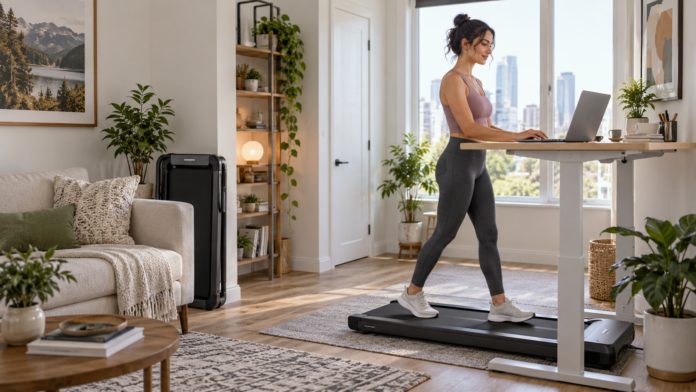 Woman using a compact walking pad under a standing desk in a small apartment home office