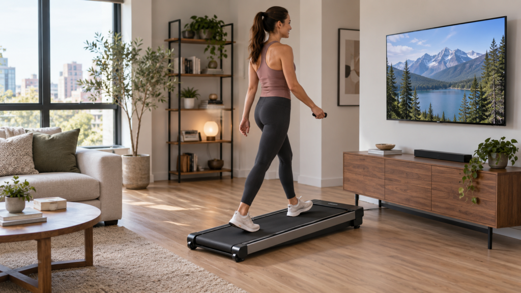 Woman walking on a compact incline walking pad in a small apartment living room
