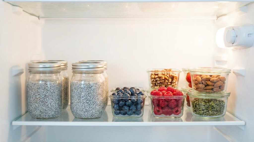 High protein chia pudding meal prep jars stored in the refrigerator with toppings kept separately