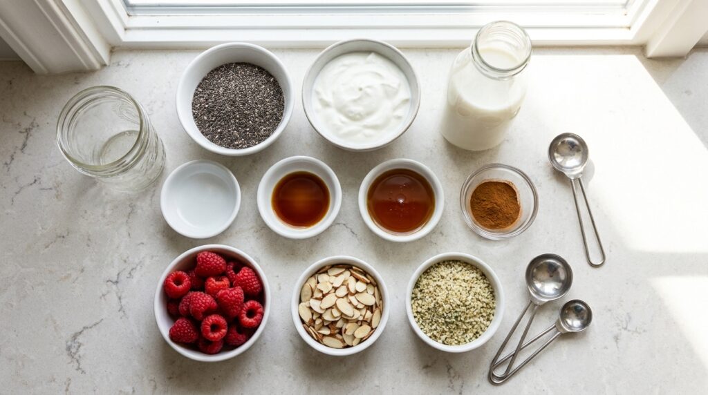 Ingredients for high protein chia pudding including chia seeds Greek yogurt milk berries and almonds