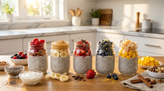 Five high protein chia pudding flavors with Greek yogurt berries banana mango nuts and healthy toppings