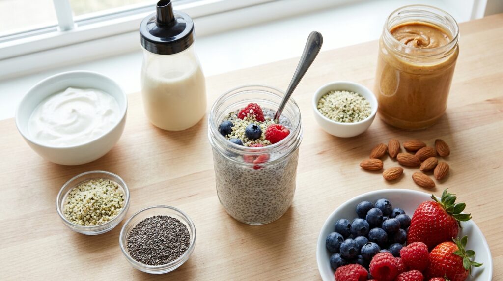 High protein chia pudding without protein powder using Greek yogurt soy milk hemp hearts chia seeds and nut butter