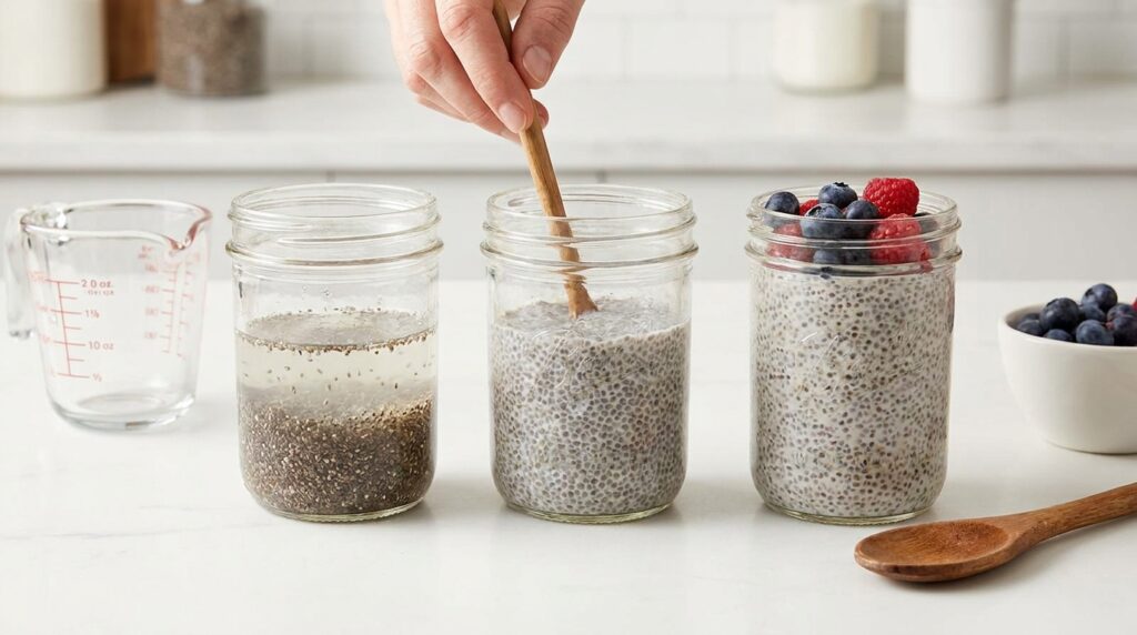 Chia pudding texture stages from freshly mixed chia seeds to thick creamy set pudding