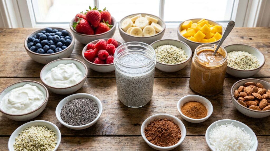 Ingredients for customizing high protein chia pudding with fruit Greek yogurt seeds nut butter cocoa and nuts