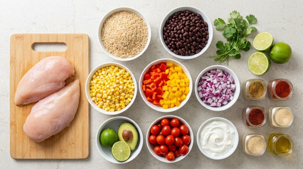 Ingredients for a healthy high protein chicken burrito bowl including chicken rice beans vegetables avocado and lime
