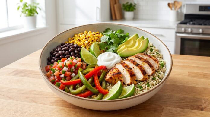 High protein chicken burrito bowl with grilled chicken rice black beans corn peppers avocado and fresh salsa