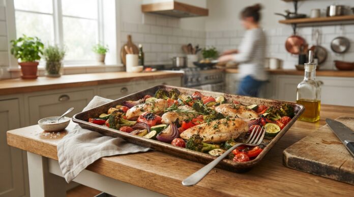 High protein sheet pan chicken and vegetables with broccoli peppers zucchini onion and tomatoes
