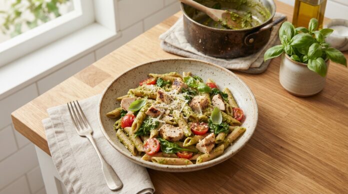 High-protein chicken pesto pasta with sliced chicken spinach cherry tomatoes and whole wheat penne