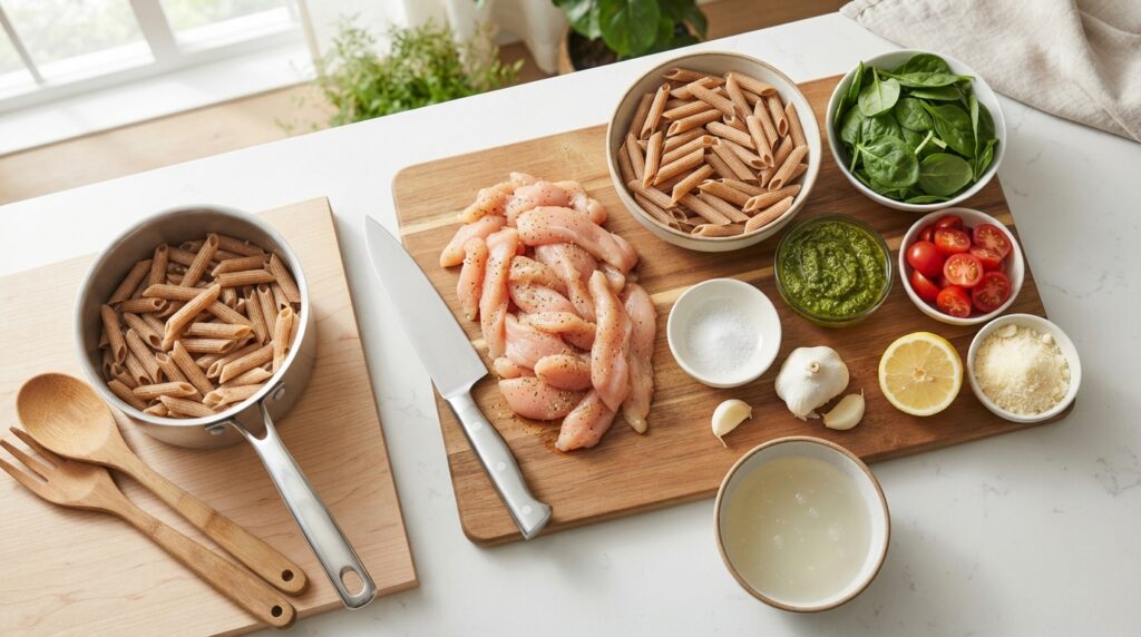 Ingredients for high protein chicken pesto pasta with chicken whole wheat penne spinach tomatoes pesto and lemon

