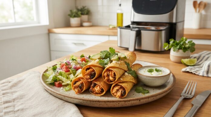 High protein air fryer chicken taquitos with chicken black beans salsa avocado and Greek yogurt dip