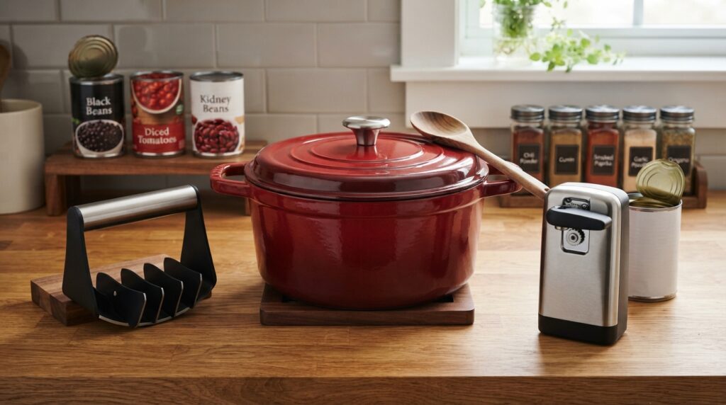 Dutch oven ground meat chopper and electric can opener for making turkey chili at home
