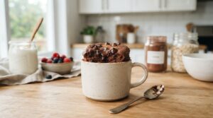 High protein chocolate mug cake with cocoa protein powder Greek yogurt and dark chocolate chips