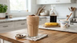High protein coffee smoothie with chilled coffee Greek yogurt banana and protein powder