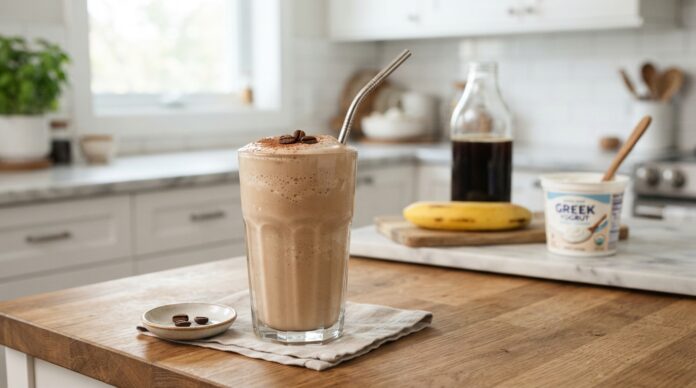 High protein coffee smoothie with chilled coffee Greek yogurt banana and protein powder