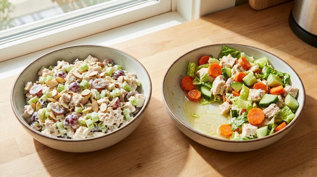 Creamy Greek yogurt chicken salad compared with watery poorly mixed chicken salad