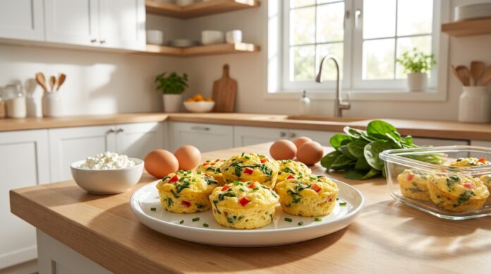 High protein cottage cheese egg bites with spinach peppers and chives prepared for an easy meal prep breakfast