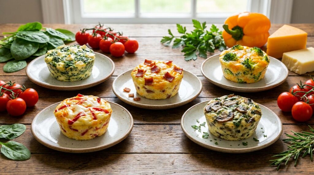 Five cottage cheese egg bite variations including spinach feta turkey bacon cheddar broccoli and roasted pepper
