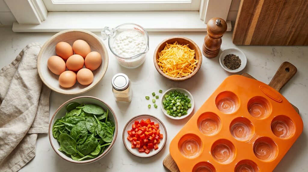 Ingredients for high protein cottage cheese egg bites including eggs cottage cheese spinach peppers and shredded cheese
