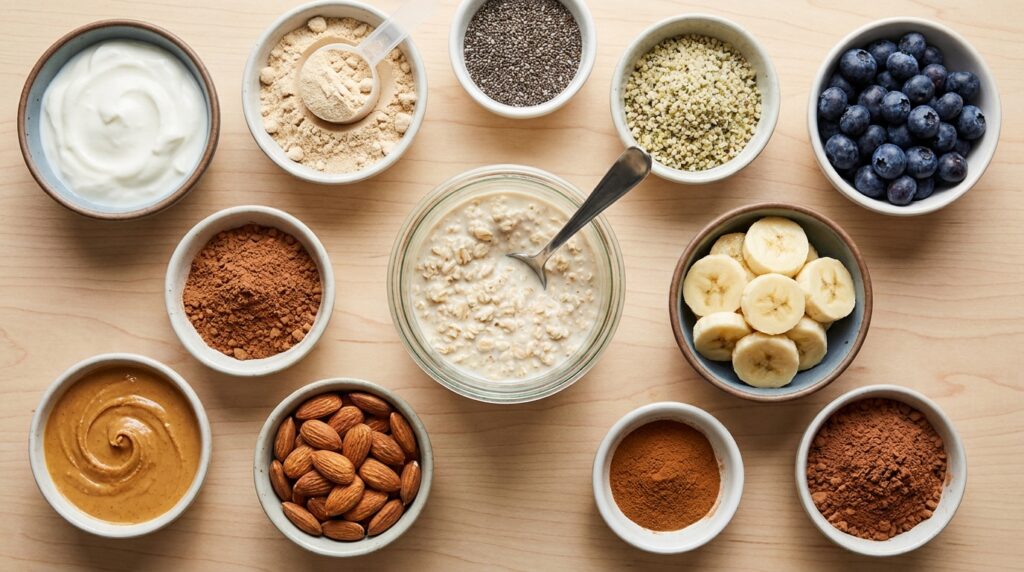 Ingredients for customizing protein overnight oats with Greek yogurt fruit seeds nut butter and protein powder