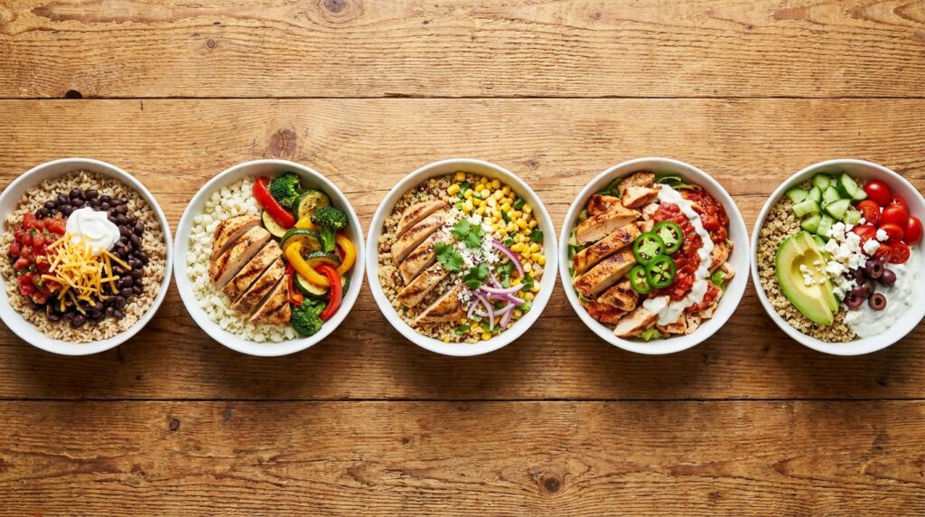 Five high protein chicken burrito bowl variations with rice quinoa cauliflower rice vegetables beans and avocado
