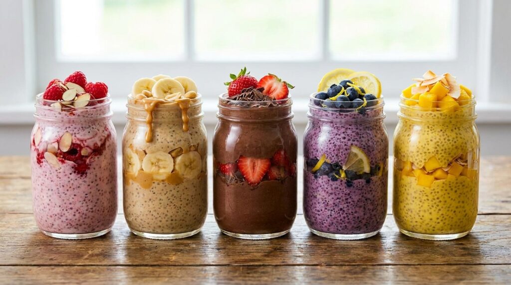 Five high protein chia pudding flavors with raspberry almond peanut butter banana chocolate strawberry blueberry lemon and mango coconut