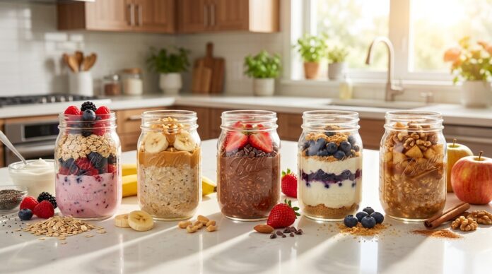 Five high protein overnight oats recipes with berries banana Greek yogurt peanut butter and healthy toppings