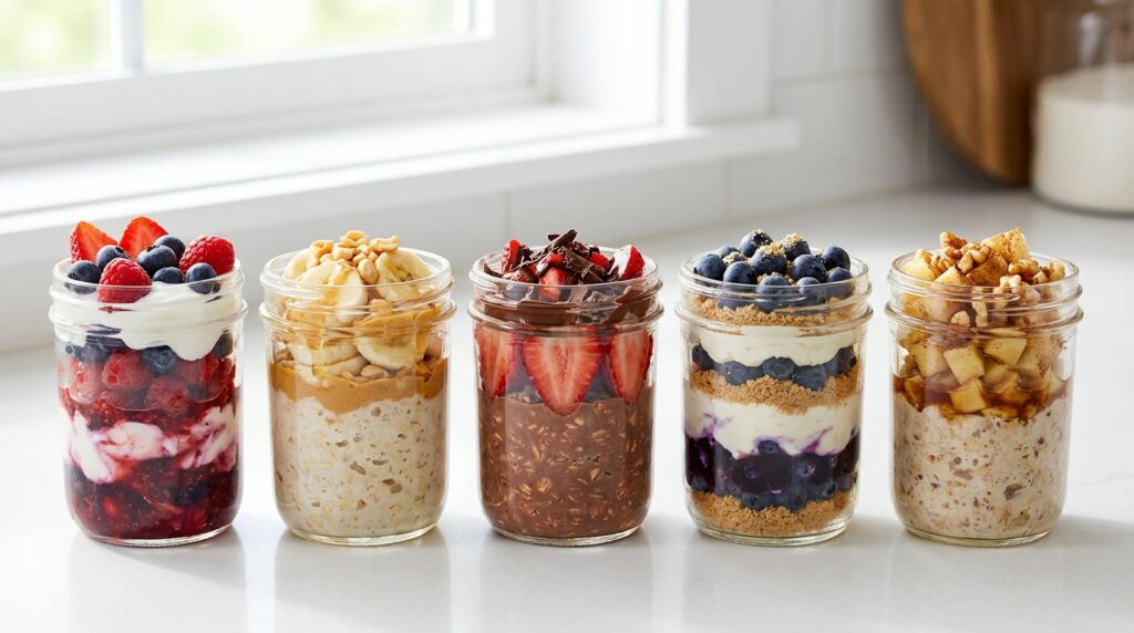 Five easy high protein overnight oats flavors prepared in glass jars for weekly breakfast meal prep