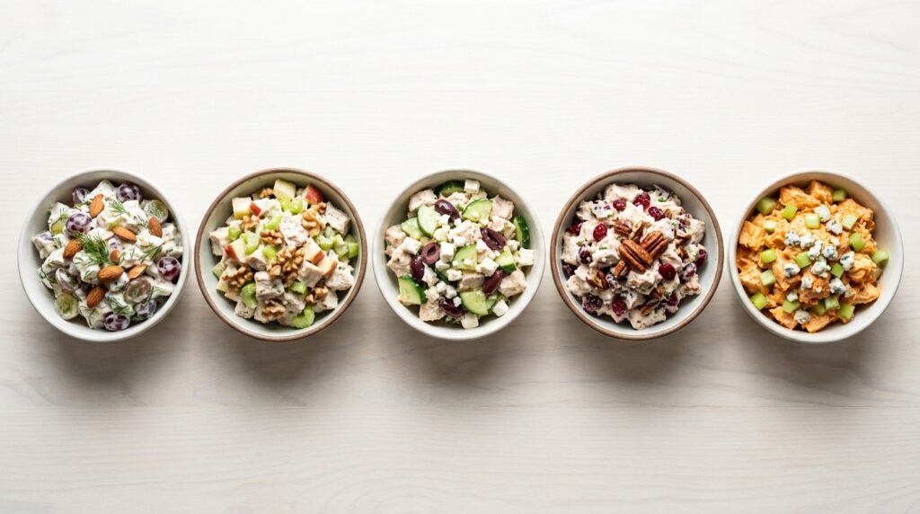 Five Greek yogurt chicken salad variations with grape almond apple walnut Mediterranean cranberry pecan and spicy flavors