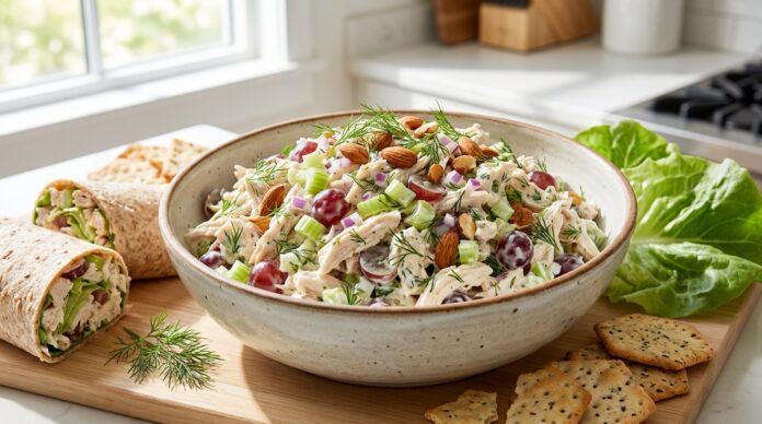 High protein Greek yogurt chicken salad with chicken grapes celery almonds and fresh dill for meal prep lunch