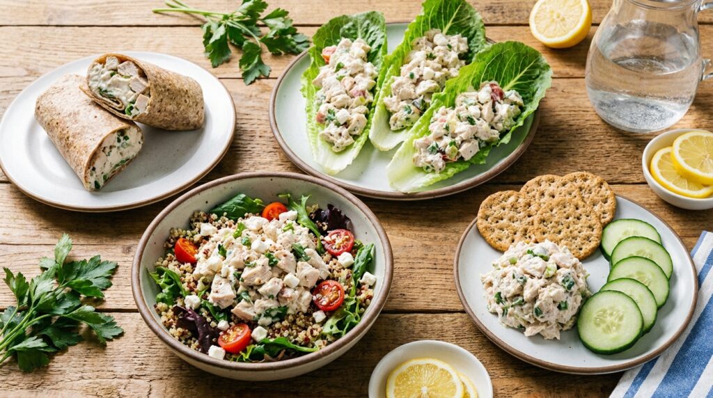 Greek yogurt chicken salad served in a wrap lettuce cups salad bowl and with crackers