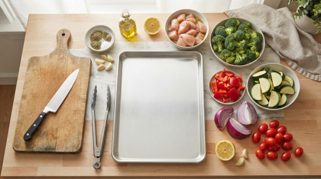 Ingredients for high protein sheet pan chicken and vegetables including chicken broccoli peppers zucchini onion tomatoes and lemon