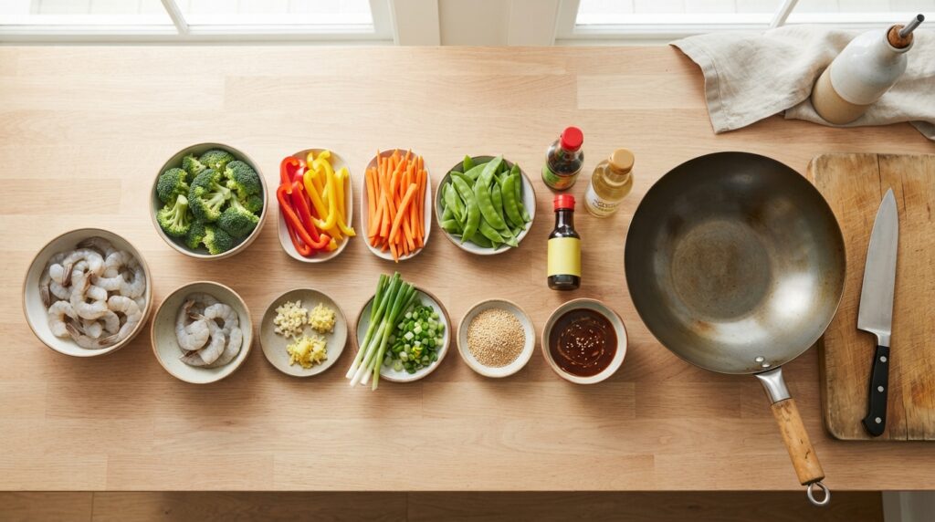 Ingredients for high protein shrimp stir fry including shrimp broccoli peppers carrots snow peas garlic and ginger
