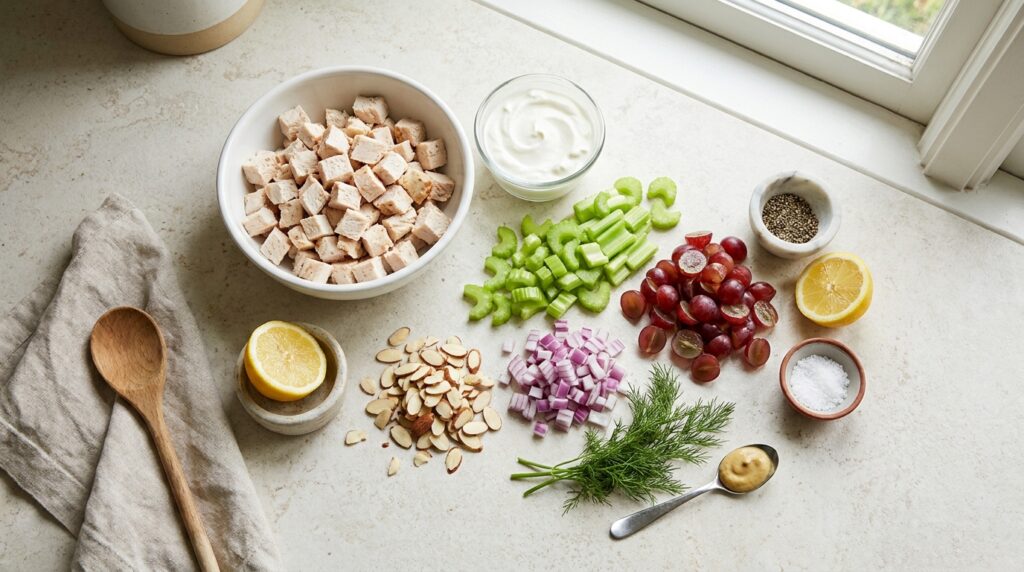 Ingredients for high protein Greek yogurt chicken salad including chicken yogurt grapes celery almonds and dill
