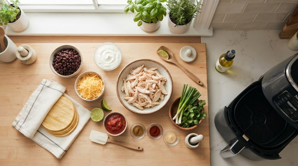  Ingredients for high protein air fryer chicken taquitos including chicken black beans Greek yogurt cheese tortillas and salsa
