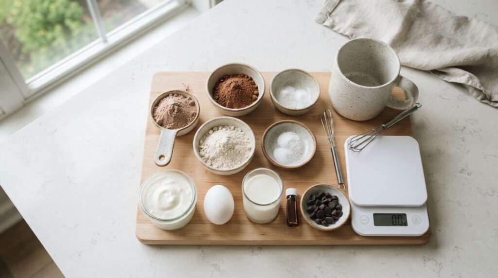 Ingredients for high protein chocolate mug cake including protein powder cocoa Greek yogurt egg milk and oat flour