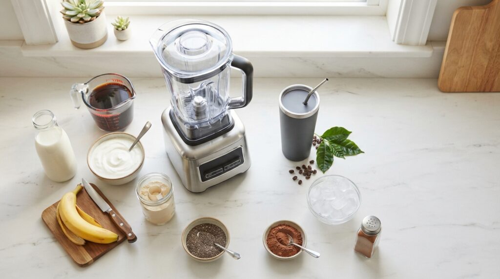 Ingredients for high protein coffee smoothie including chilled coffee Greek yogurt banana milk and protein powder